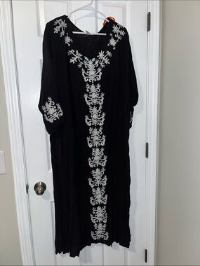 Riviera Sun Embroidered Black Kaftan / Maxi Dress with Ivory Detail